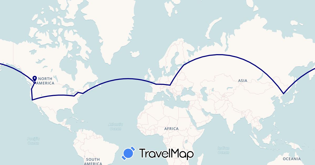 TravelMap itinerary: driving in Austria, Canada, France, North Korea, Russia, United States (Asia, Europe, North America)